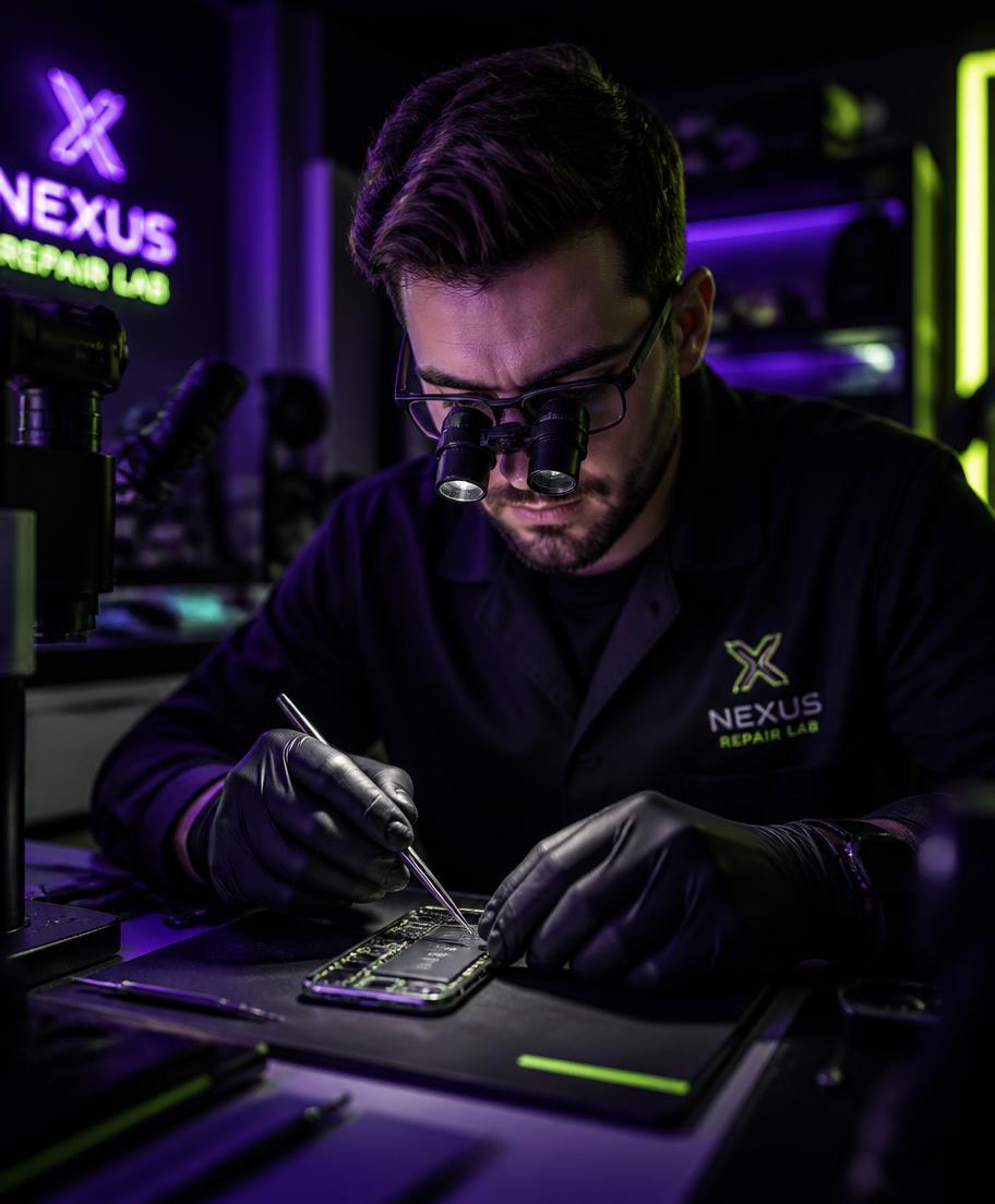 Technician micro-soldering a phone board in the DotMan Solutions lab